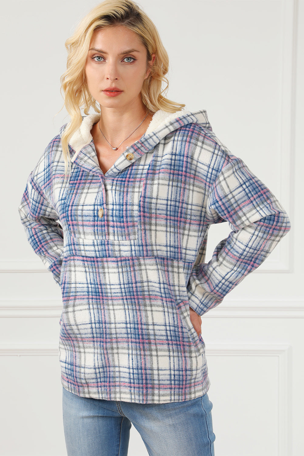 Plaid Button Neck Pocketed Pullover Hoodie | White