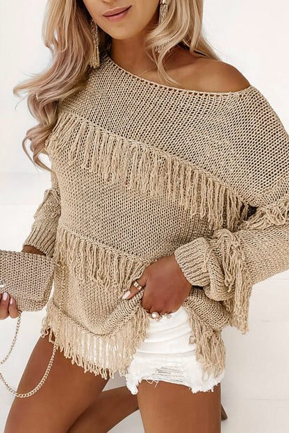 Boho Tasseled Knitted Sweater | Khaki