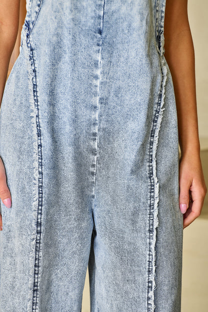 Light Wash Frayed Exposed Seam Wide Leg Denim Overall | Beau Blue