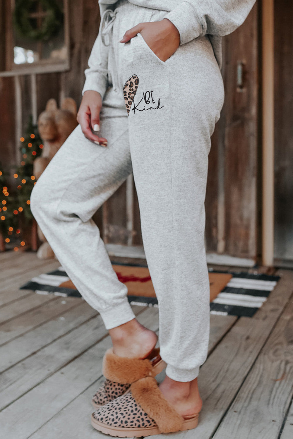 Be Kind Leopard Heart Graphic Pullover And Joggers Lounge Set | Gray