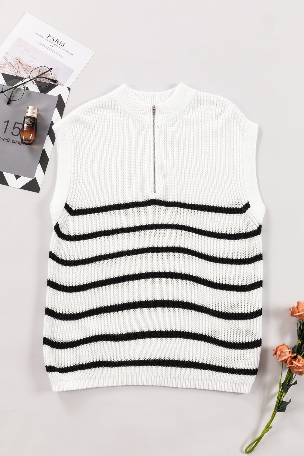 Half Zip Split Stand Neck Sweater T-Shirt | White Stripe