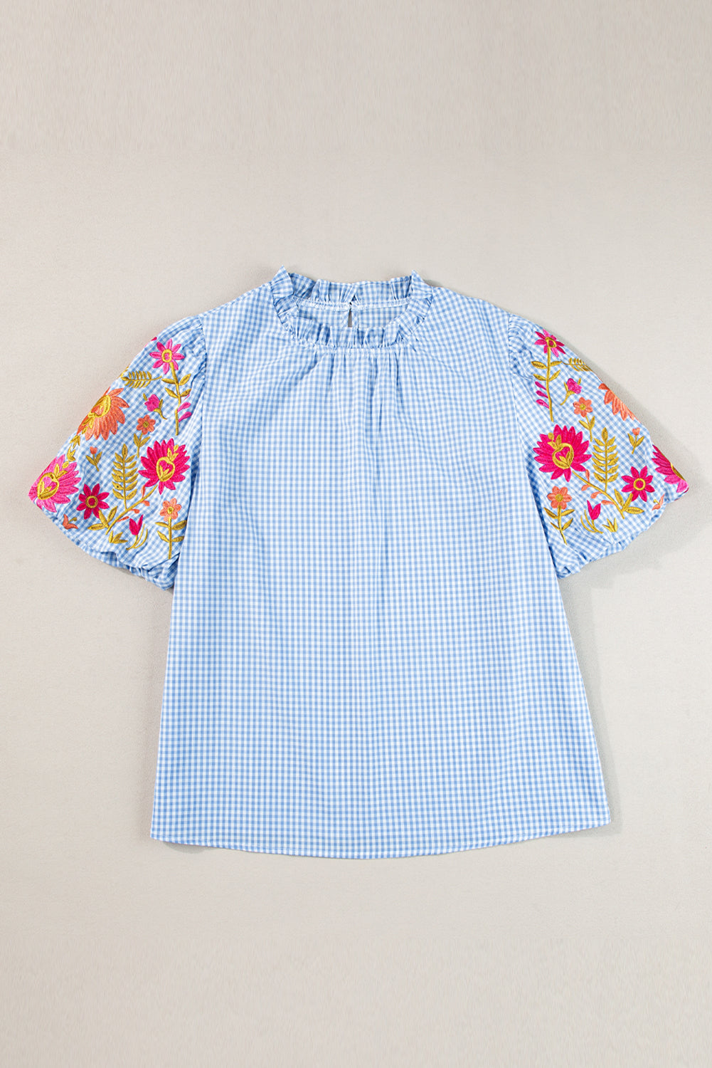 Gingham Floral Embroidered Puff Sleeve Blouse | Light Blue