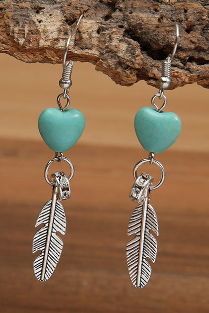 Turquoise Heart Shape Alloy Feather Drop Earrings | Silvery