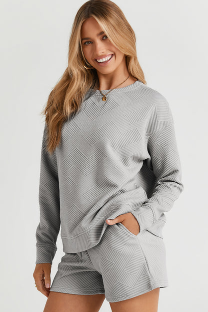 Textured Long Sleeve Top And Drawstring Shorts Set | Gray