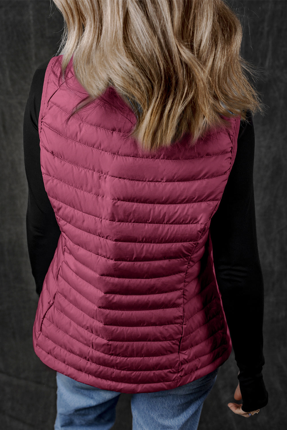 Plush Collared Quilted Zipped Puffer Vest | Burgundy