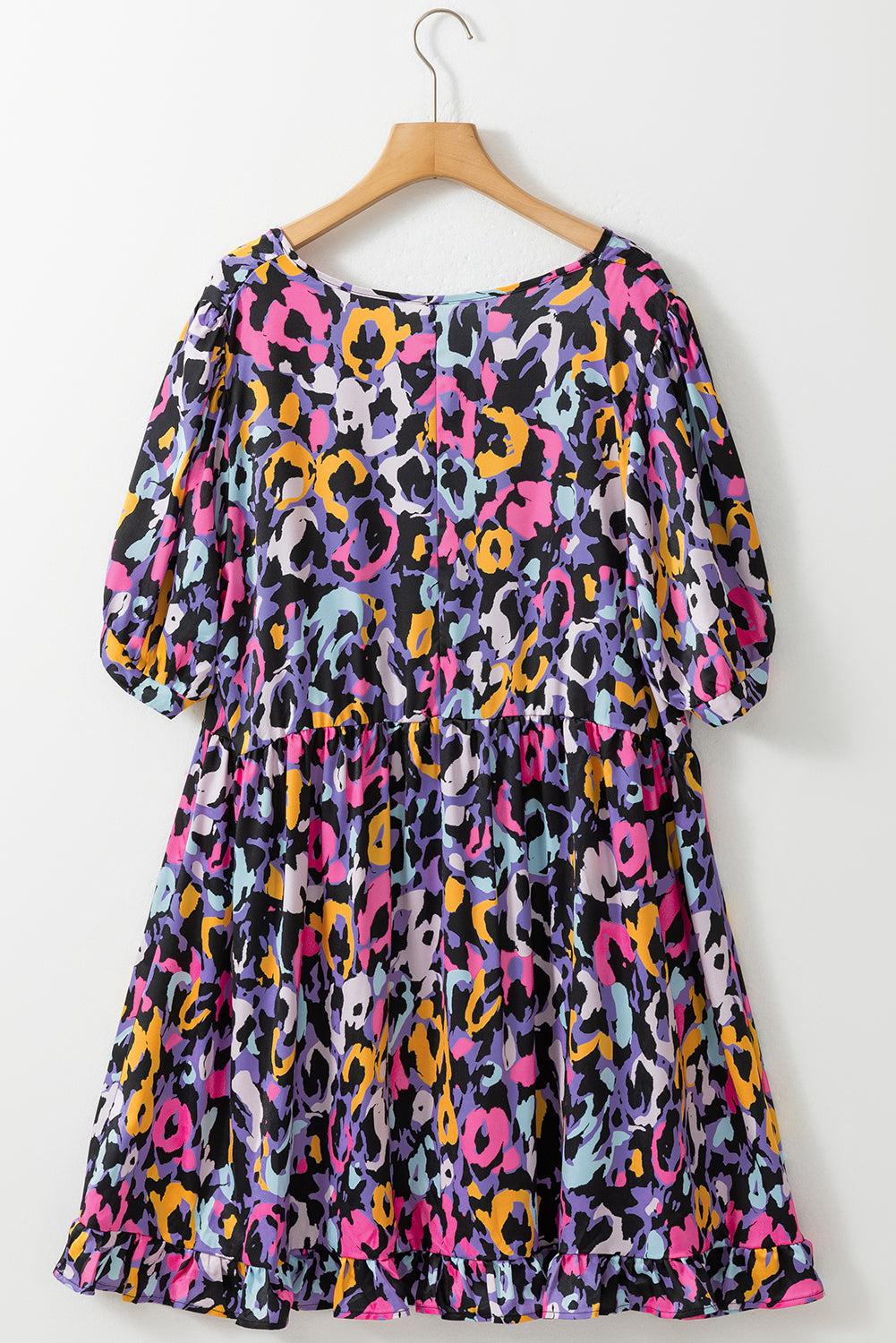 Leopard Print Ruffled V Neck Plus Size Mini Dress | Purple