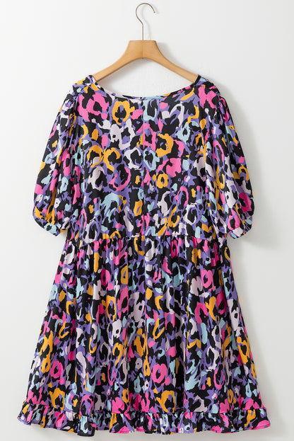 Leopard Print Ruffled V Neck Plus Size Mini Dress | Purple