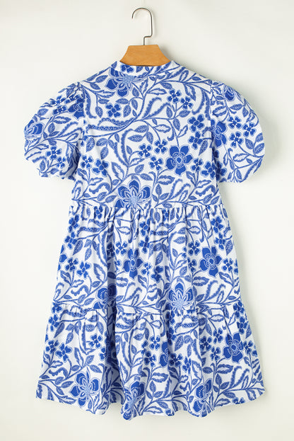 Flower Print Puff Sleeve Tiered Dress | Blue