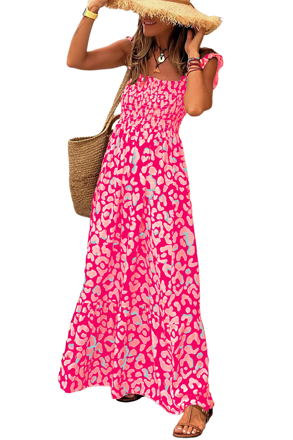 Leopard Ruffle Straps Smocked High Waist Long Dress | Pink