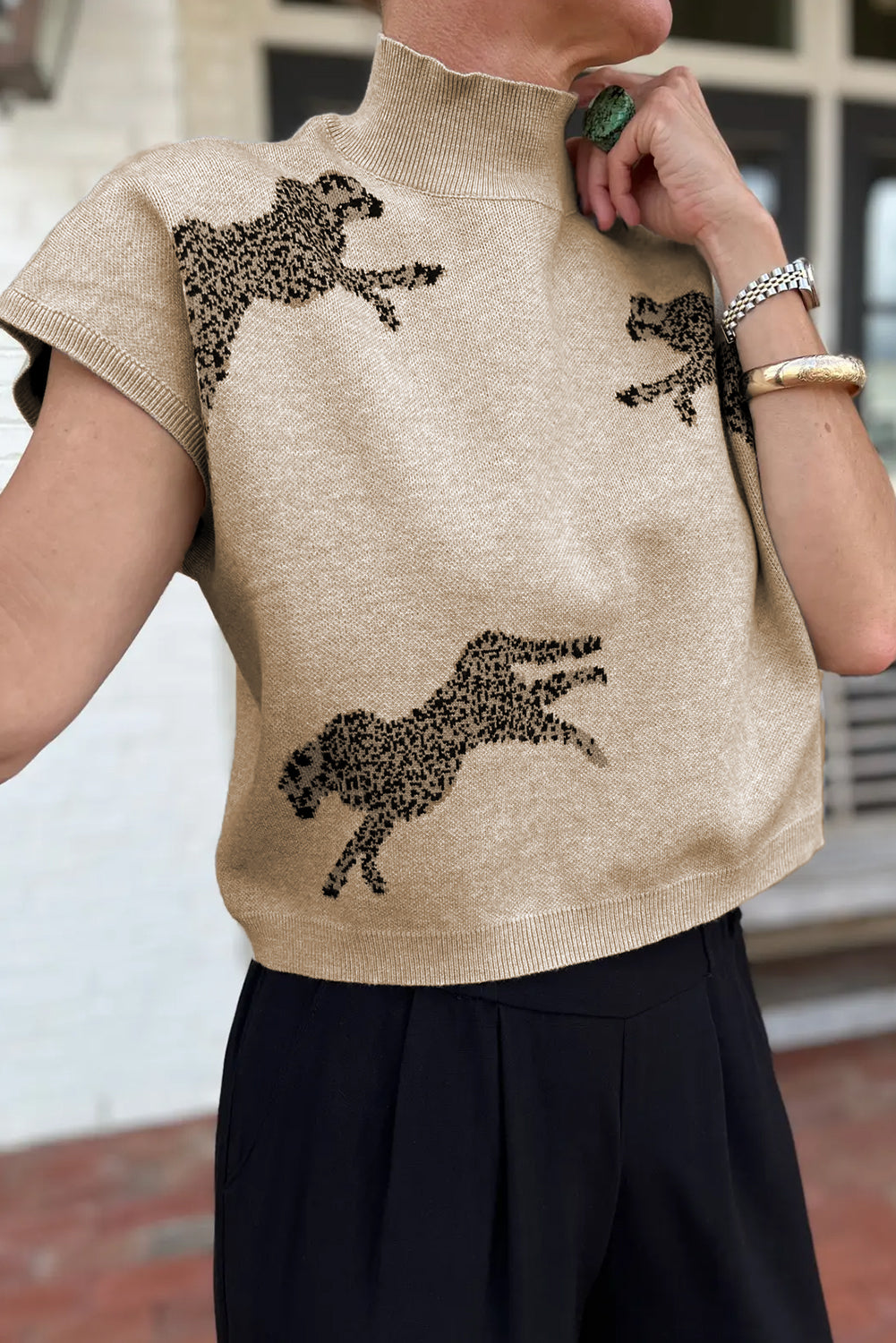 Lively Cheetah Pattern High Neck Short Sleeve Sweater | Apricot