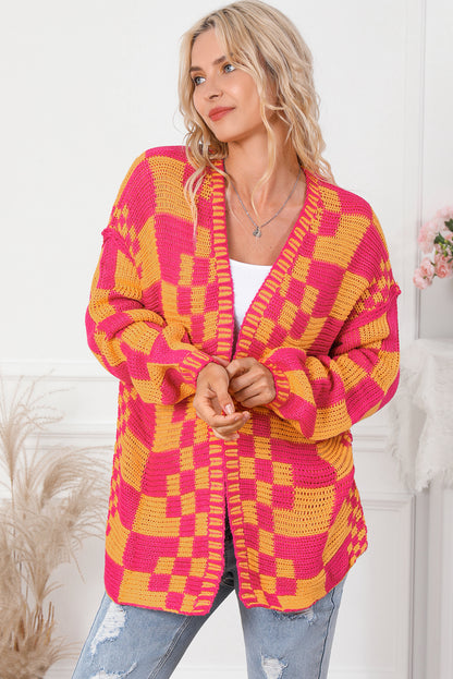 Open Front Mixed Checkered Pattern Knit Cardigan | Multicolour