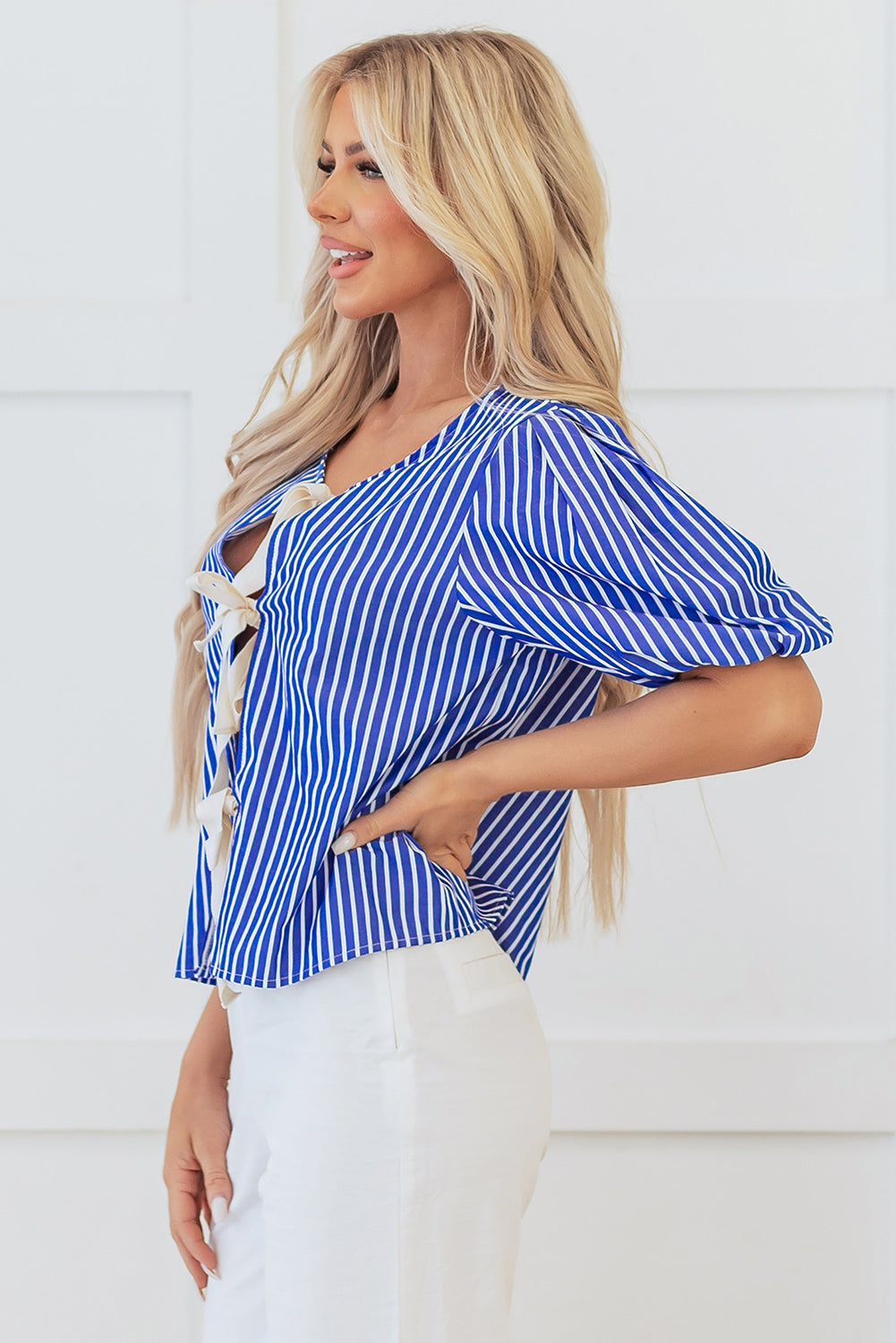 Tied Front Puff Short Sleeve Blouse | Blue Stripe