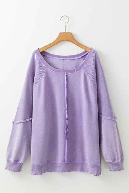 Textured Patchwork Frilled Trim Plus Size Pullover Sweatshirt | Orchid Petal