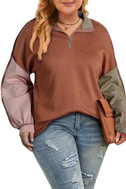 Plus Size Colourblock Exposed Seam Quarter Zip Sweatshirt | Gold Flame