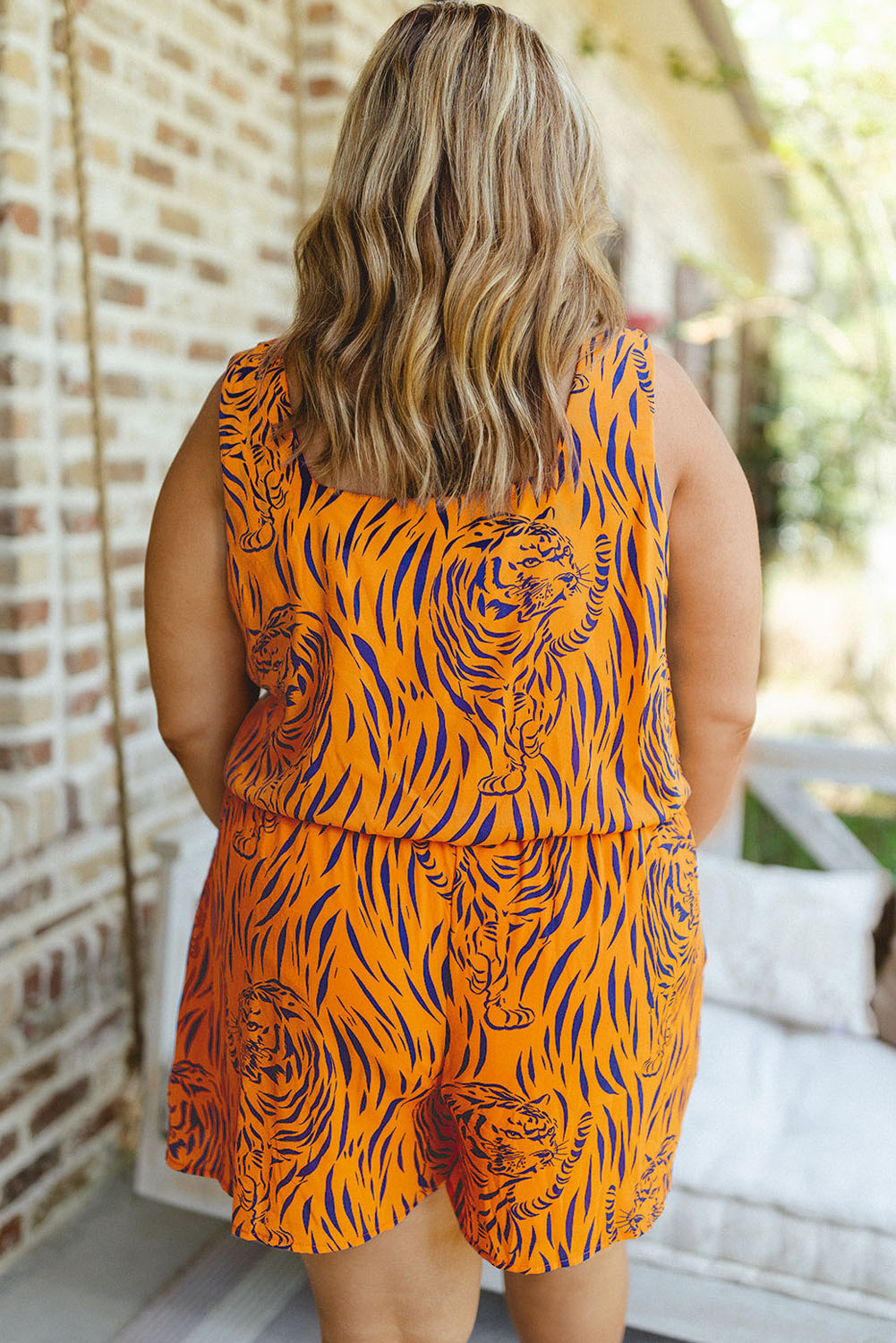 Plus Size Tiger Print Sleeveless V Neck Romper | Yellow