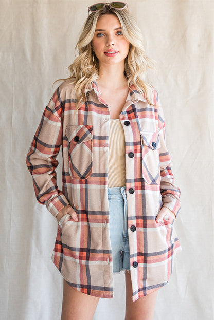 Chest Pockets Buttoned Oversized Plaid Shacket | Khaki