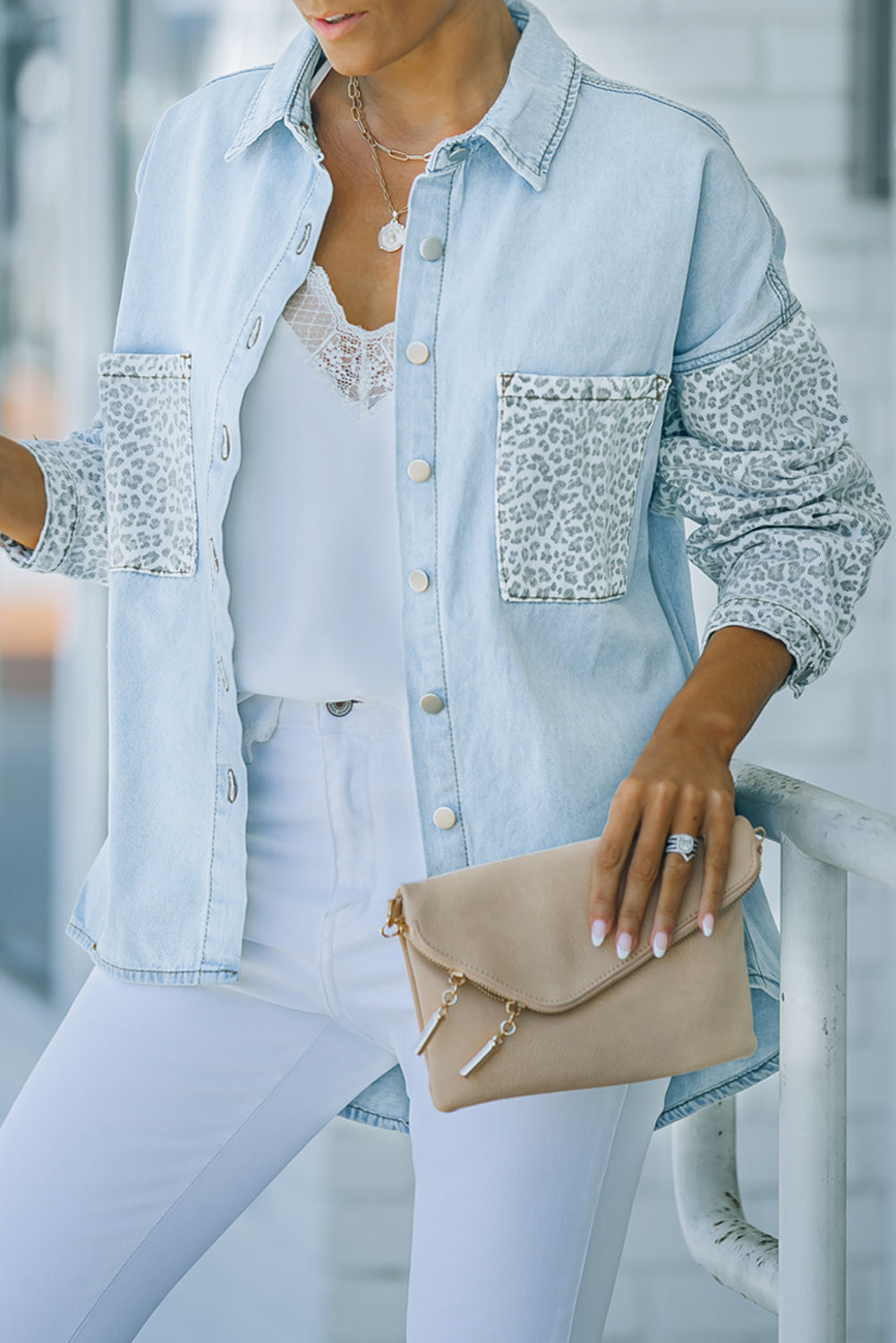 Contrast Leopard Denim Jacket | Sky Blue