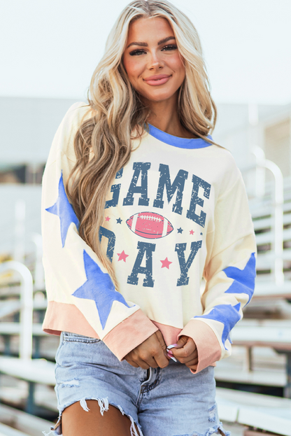 Game Day Rugby Football Graphic Contrast Trim Pullover Sweatshirt | Beige