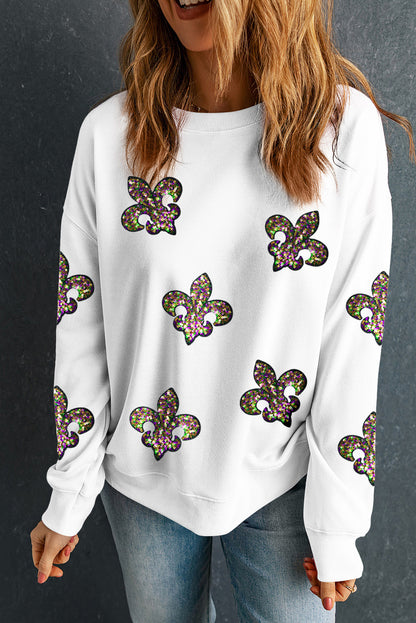 Sequined Fleur De Lis Drop Shoulder Sweatshirt | White