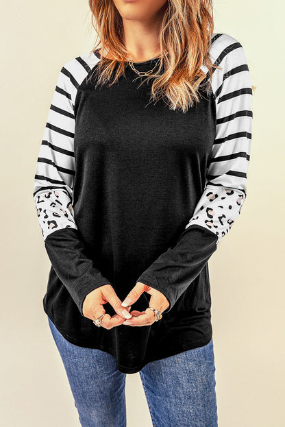 Striped Animal Print Colourblock Long Sleeve Top | Black