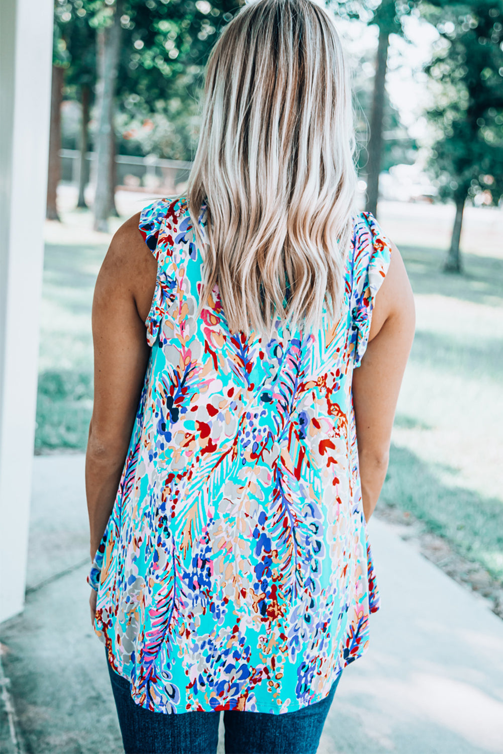 floral Print Tank Top With Ruffles | Sky Blue