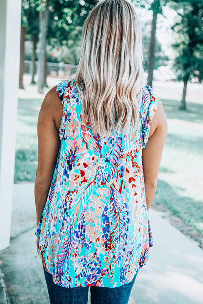 floral Print Tank Top With Ruffles | Sky Blue