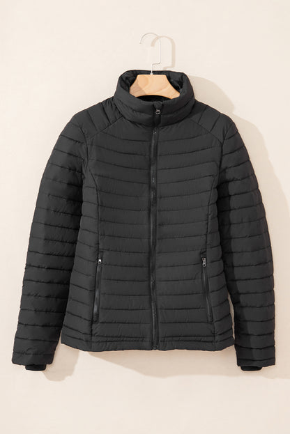 Solid Colour Quilted Zip-Up Puffer Jacket | Black