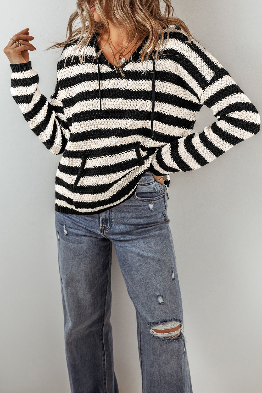 V Neck Pocketed Drawstring Hooded Sweater | White Stripe