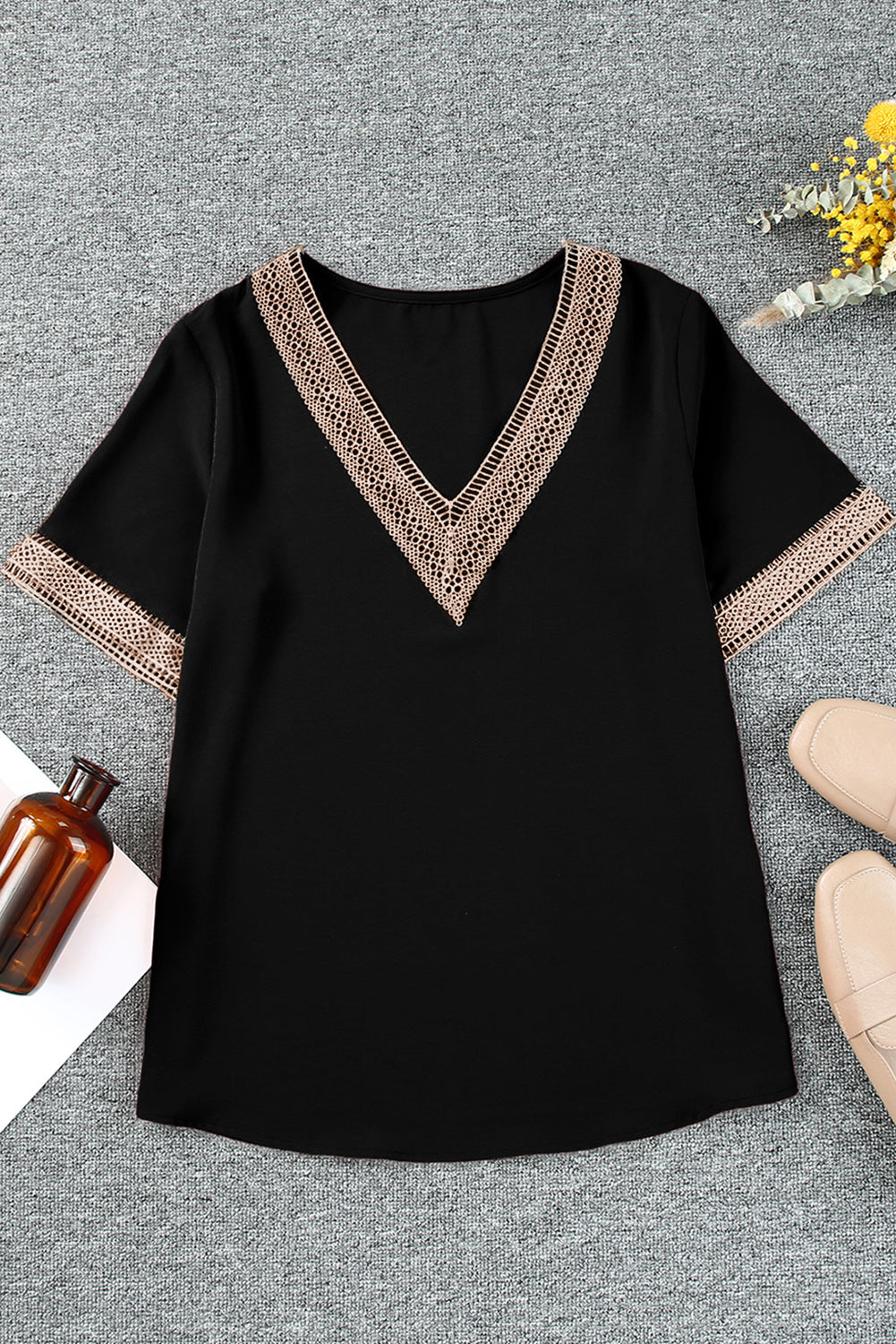 Lace Trim Short Sleeve V Neck Plus Size Top | Black