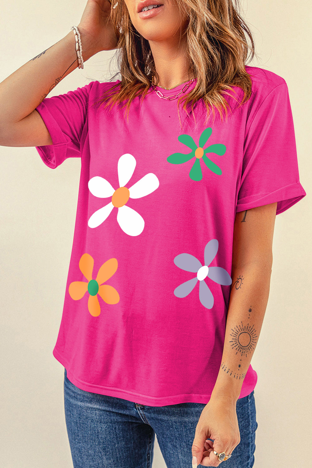 Summer Flower Print Fashion Cotton Tee | Rose Red