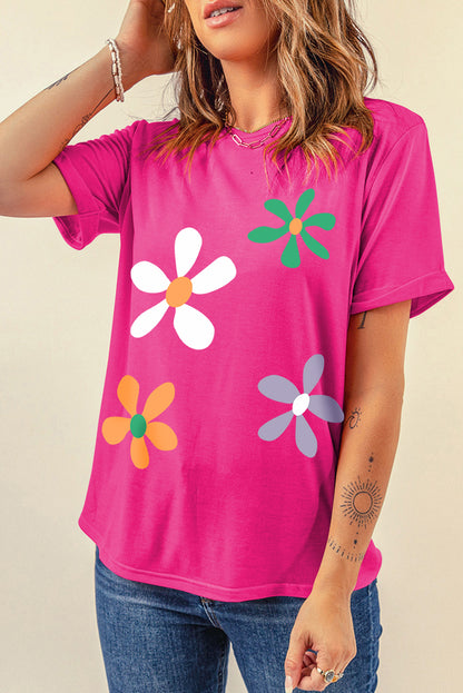 Summer Flower Print Fashion Cotton Tee | Rose Red