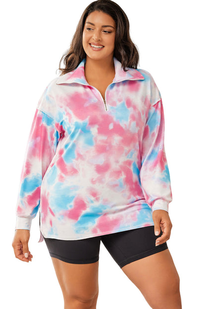 Plus Size Tie-Dye Zipped Collared Pullover Sweatshirt | Multicolour