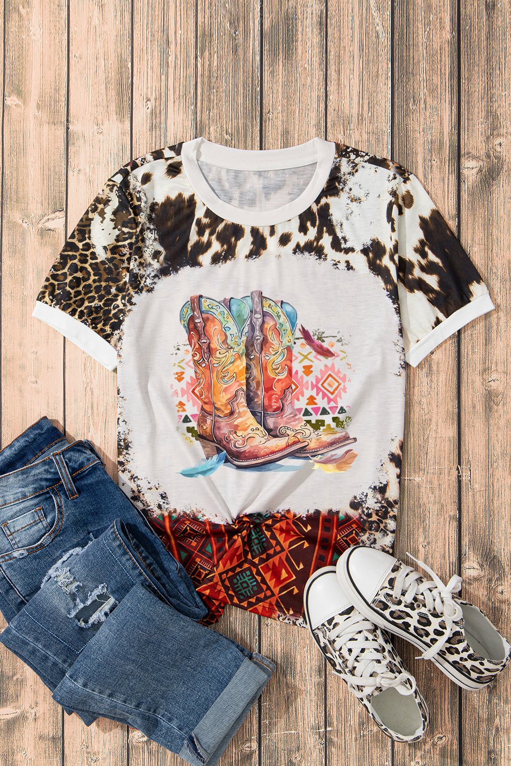 Cowboy Boots Graphic Bleached Leopard Aztec Print T Shirt | Dark Brown