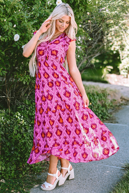 Retro Print Twisted Front Ruffled Sleeve Maxi Dress | Bonbon