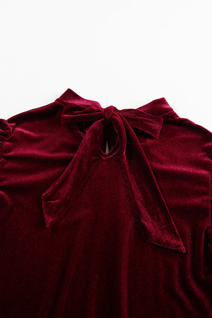 Fiery  Mock Neck Puff Sleeve Velvet Blouse | Red