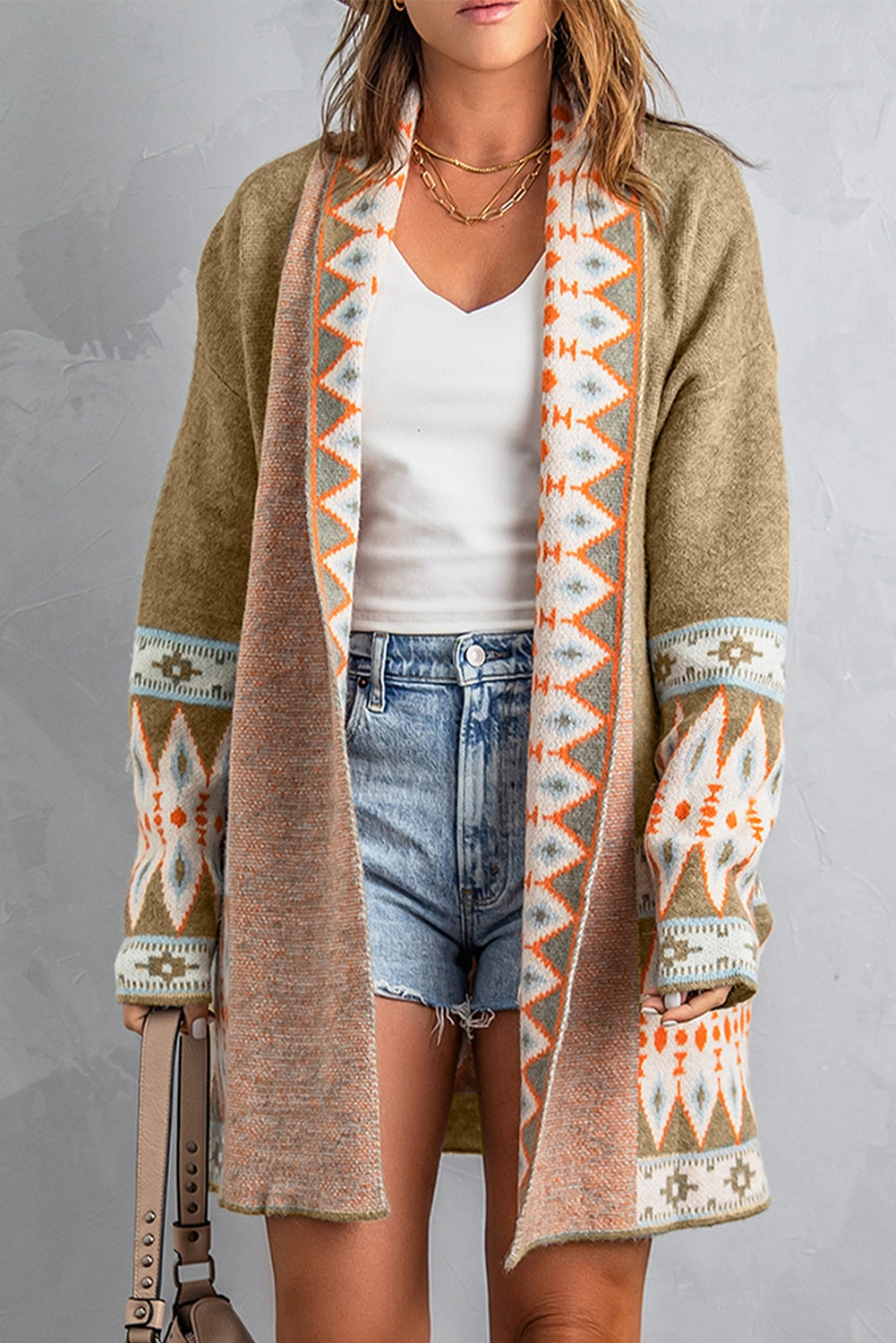 Aztec Print Open Front Knitted Cardigan | Khaki