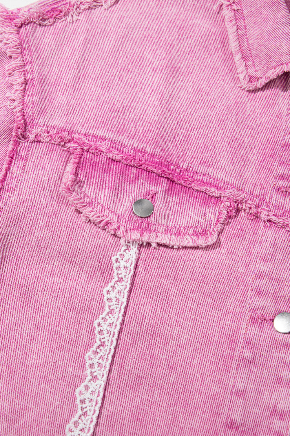 Lace Patchwork Distressed Buttoned Denim Jacket | Pink