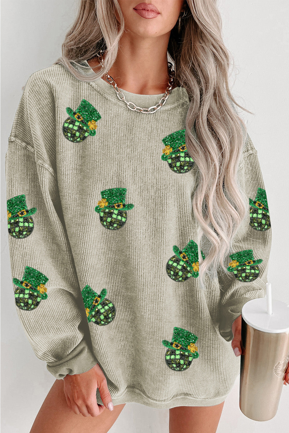 Green Sequin St Patrick Disco Ball Patch Corded Sweatshirt