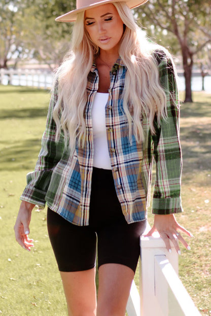 Chest Pockets Button Up Plaid Shacket | Green