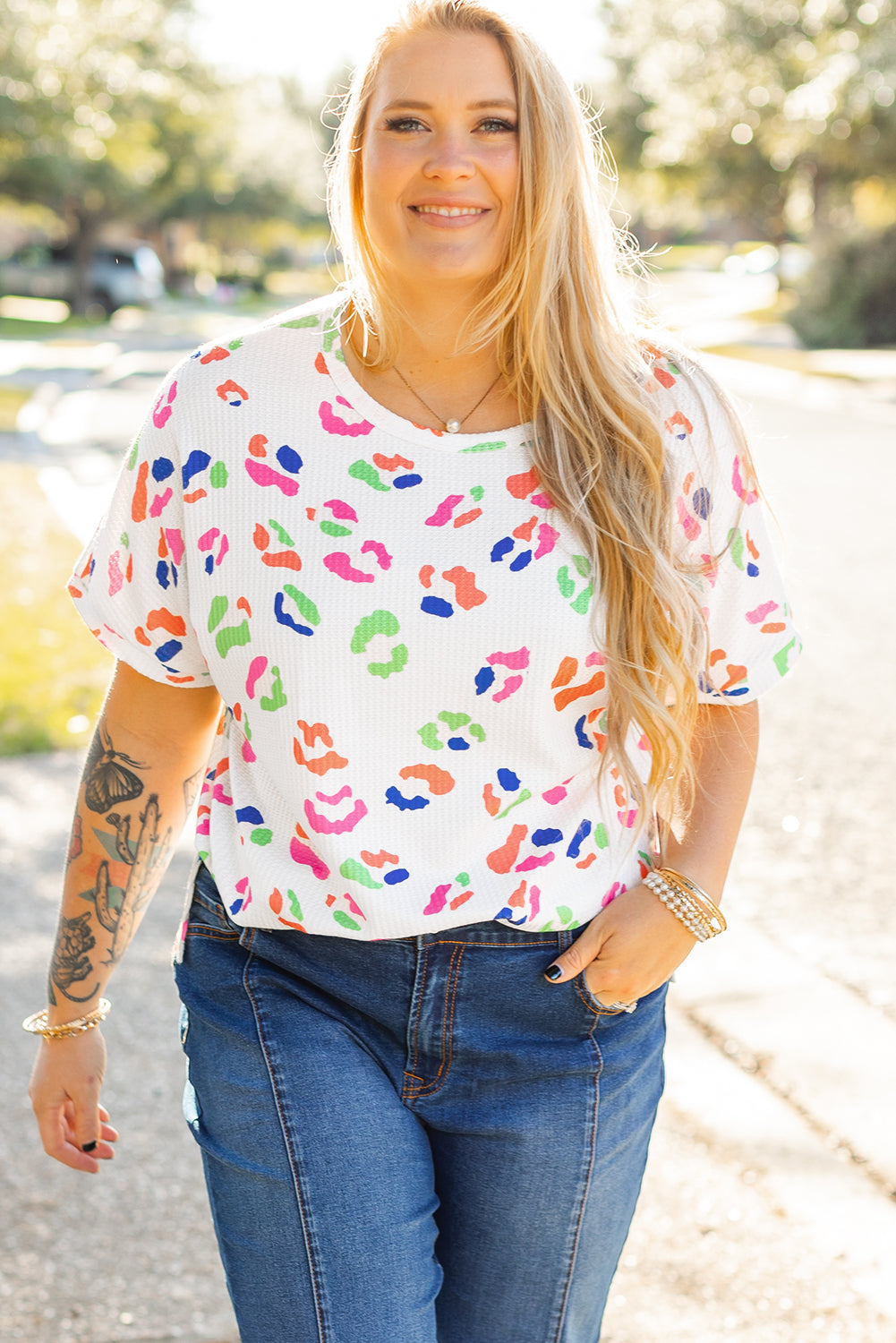 White Multicolor Leopard Print Textured Plus Size T Shirt