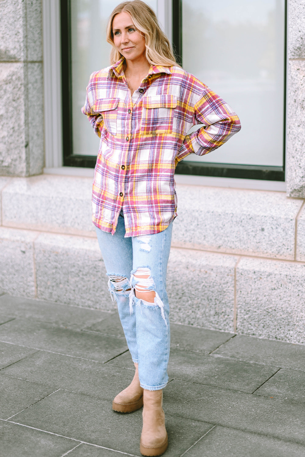 Fiery  Plaid Print Rounded Hem Shirt Jacket | Red