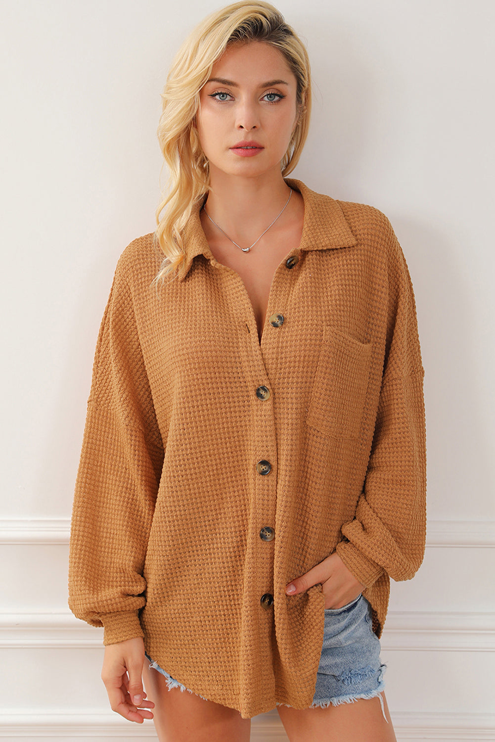 Waffle Knit Button Up Casual Shirt | Brown