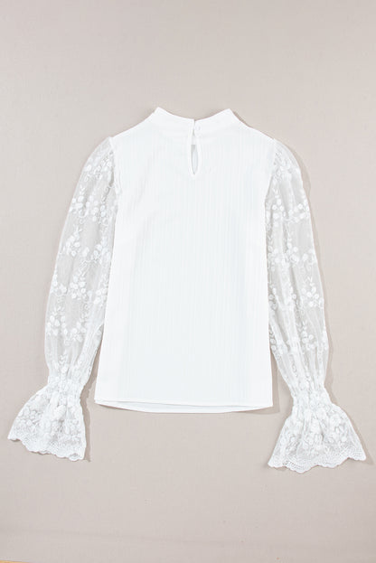 Contrast Lace Sleeve Mock Neck Textured Blouse | White