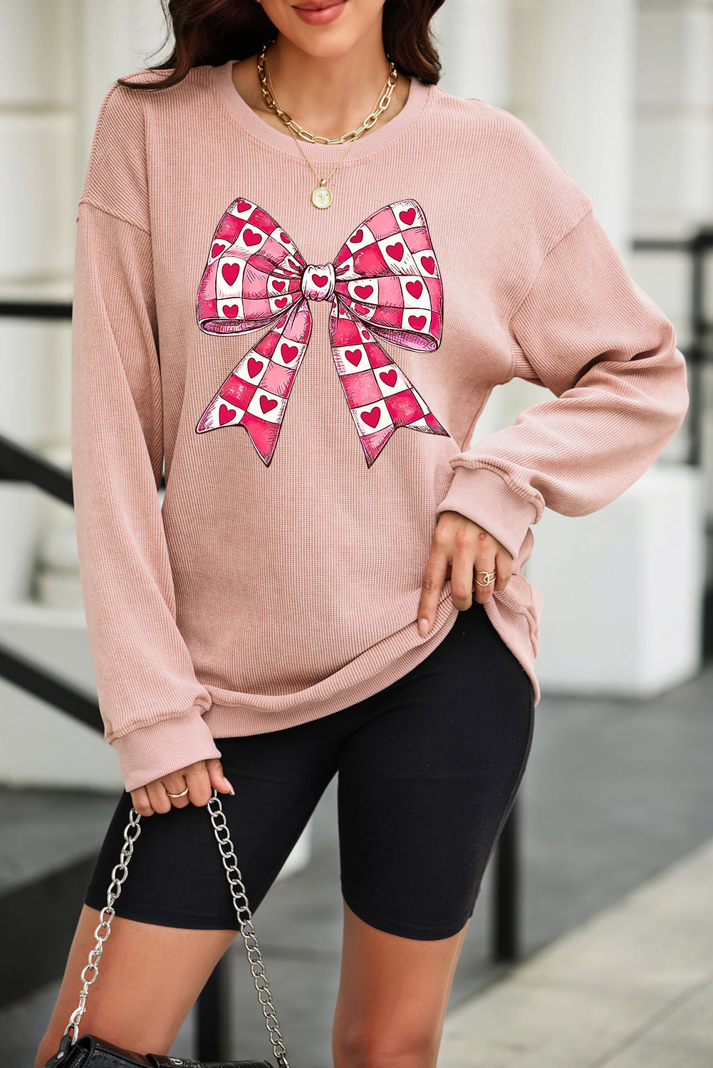 Valentines Heart Checkered Bow Pattern Corded Baggy Sweatshirt | Pink