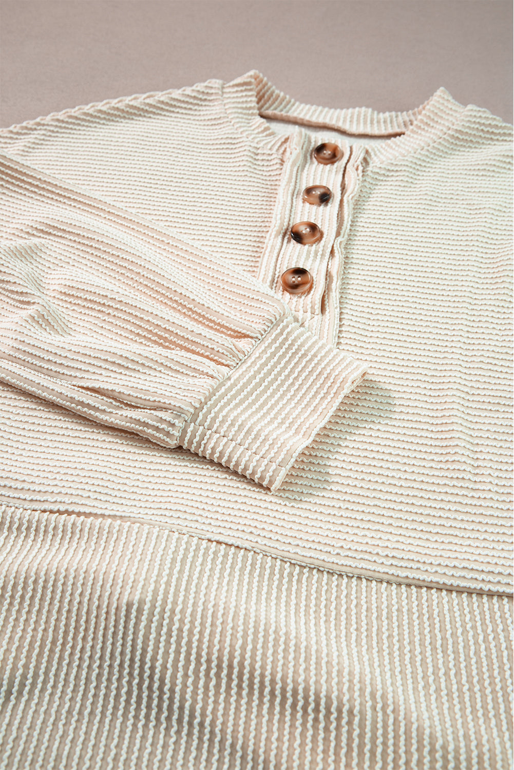 Corded Texture Lantern Sleeve Buttons Henley Sweatsuit | Apricot