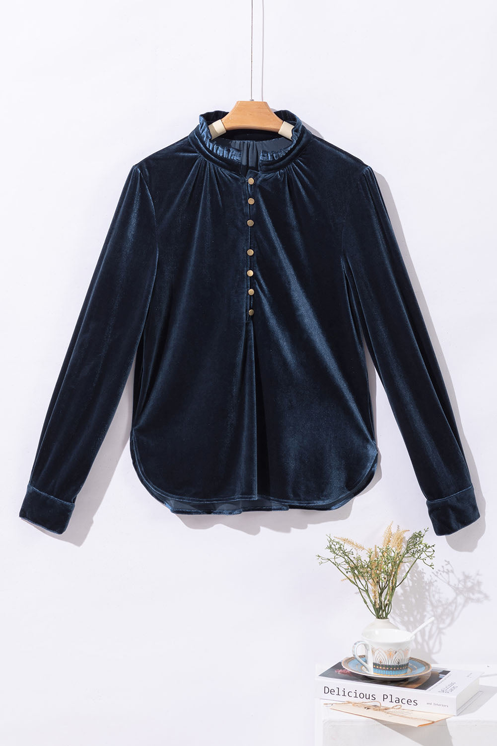 Frilled Neck Buttoned Front Velvet Top | Navy Blue