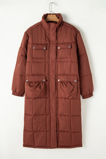 Quilted Puffer Stand Neck Zipped Mid-Length Coat | Coffee