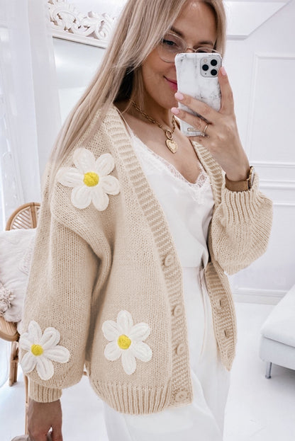 Elegant Flower Decor Button Front Cardigan | Parchment