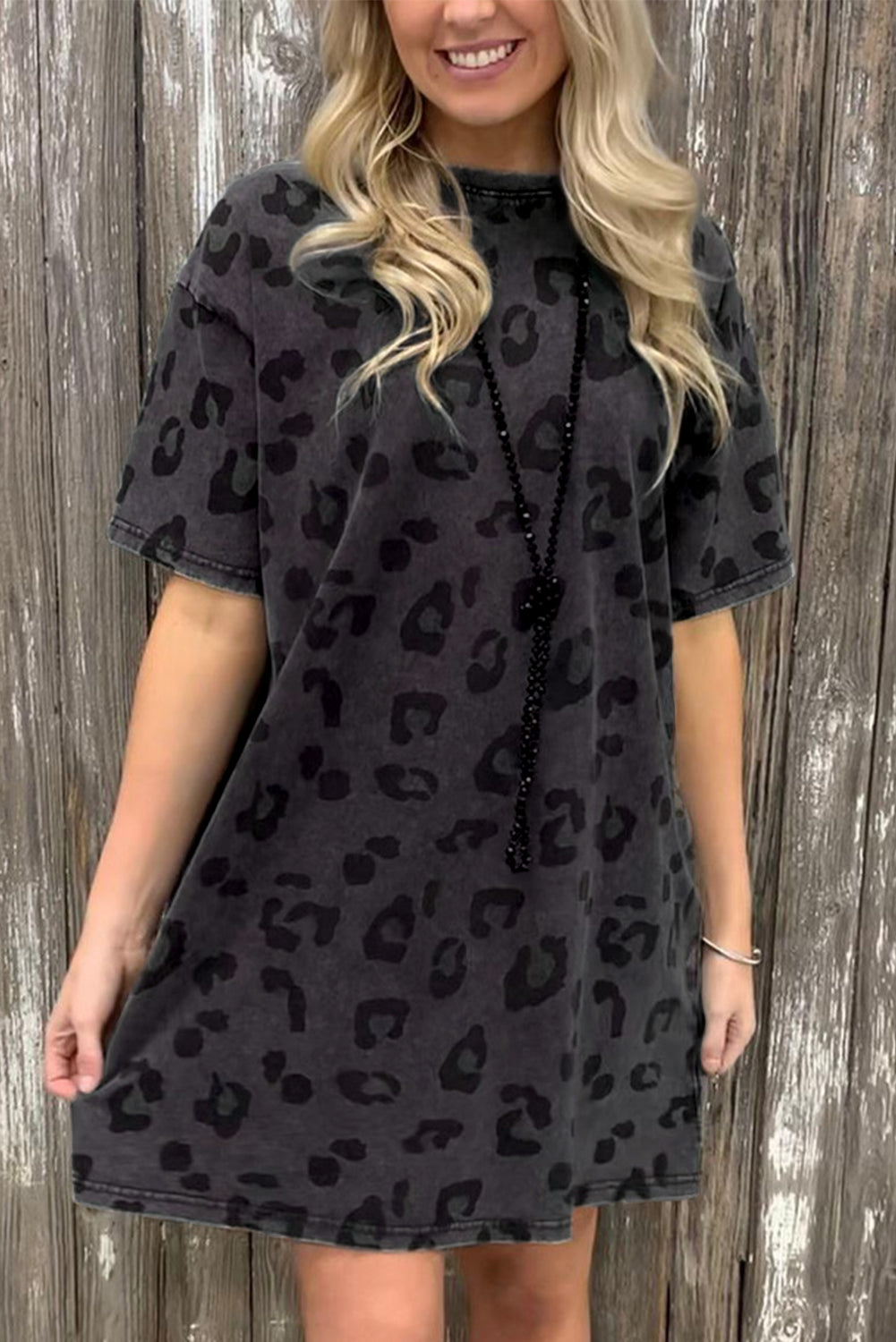 Vintage Washed Leopard T-Shirt Dress With Pockets | Gray