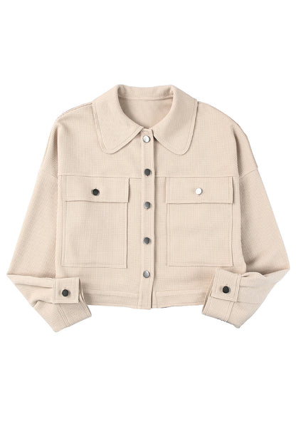 Waffle Knit Buttons Cropped Jacket With Pockets | Khaki